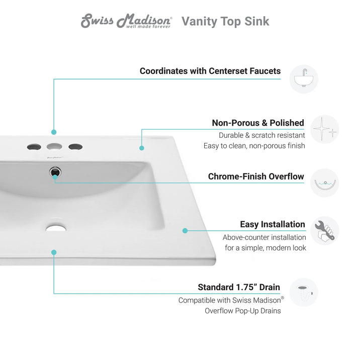 24" Vanity Top Bathroom Sink with 4” Centerset Faucet Holes