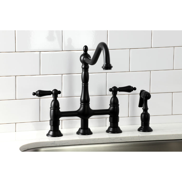 KINGSTON BRASS KS127XALBS-P HERITAGE TWO-HANDLE 4-HOLE DECK MOUNTED BRIDGE KITCHEN FAUCET WITH BRASS SPRAYER