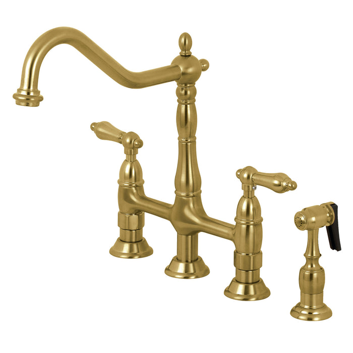 KINGSTON BRASS KS127XALBS-P HERITAGE TWO-HANDLE 4-HOLE DECK MOUNTED BRIDGE KITCHEN FAUCET WITH BRASS SPRAYER