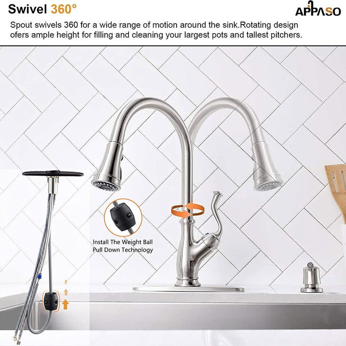 APPASO Pull Down Kitchen Faucet with Sprayer Brushed Nickel - Single Handle 1 Hole High Arc Pull Out Kitchen Sink Faucets, 175BN