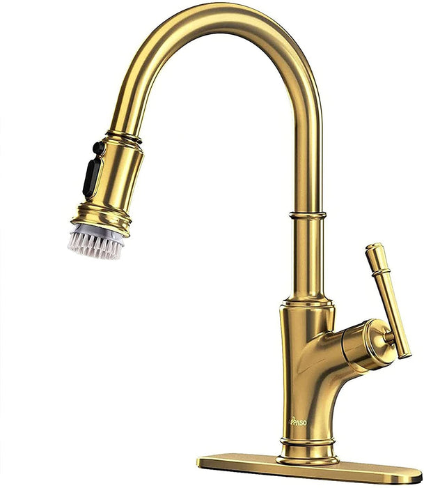 APPASO Gold Kitchen Faucet with Pull Down Sprayer - Brushed Gold Single Handle 1 Hole High Arc Copper Pull Out Kitchen Sink Faucets, Champagne Copper