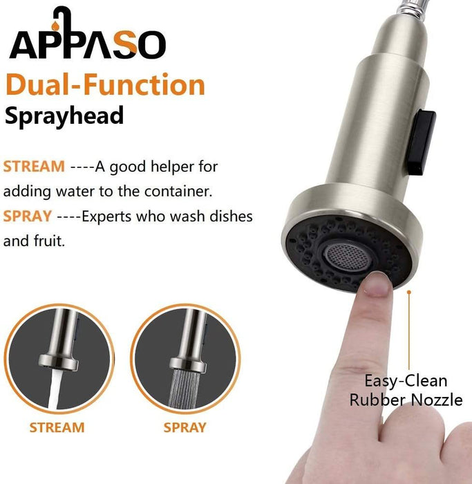APPASO Commercial Kitchen Faucet Pull Down Sprayer with Soap Dispenser - Stainless Steel Brushed Nickel High Arc Tall Modern Single Handle Spring Kitchen Sink Faucet with Pull Out Spray