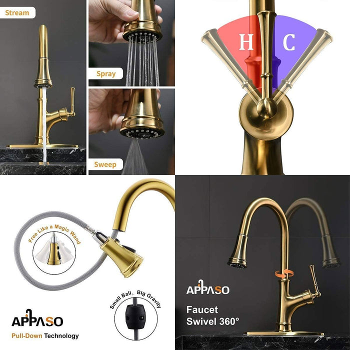 APPASO Gold Kitchen Faucet with Pull Down Sprayer, Antique Brushed Gold Single Handle 1 Hole High Arc Copper Brass Pull Out Kitchen Sink Faucets, Champagne Gold