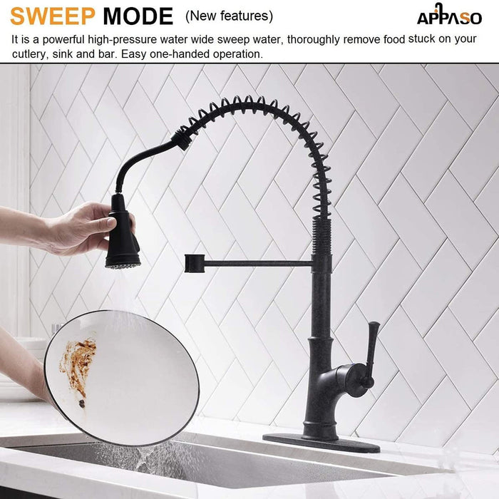 APPASO Commercial Matte Black Single Handle Pull Down Kitchen Faucet with 3 Modes Sprayer, Antique Spring Modern Tall High Arc Single Pull Out Hole Kitchen Sink Faucets