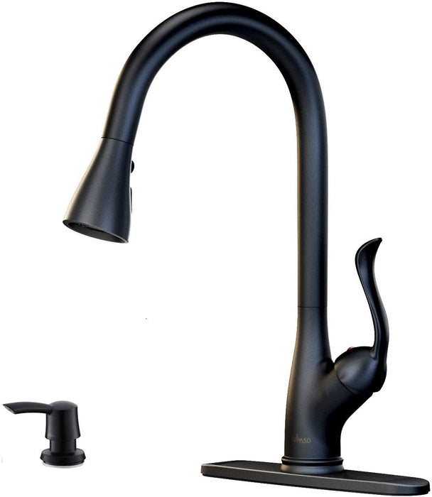 Matte Black Kitchen Faucet Pull Down Sprayer and Soap Dispenser - Single Handle Commercial High Arc One Hole Pull Out Spray Head Kitchen Sink Faucets with Deck Plate;  APPASO