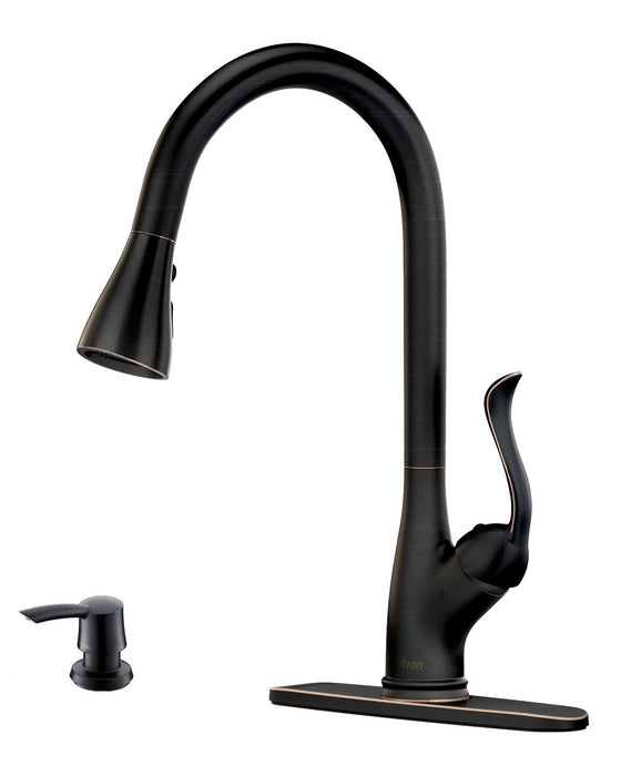 Matte Black Kitchen Faucet Pull Down Sprayer and Soap Dispenser - Single Handle Commercial High Arc One Hole Pull Out Spray Head Kitchen Sink Faucets with Deck Plate;  APPASO