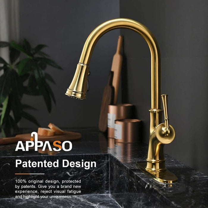 APPASO Gold Kitchen Faucet with Pull Down Sprayer, Antique Brushed Gold Single Handle 1 Hole High Arc Copper Brass Pull Out Kitchen Sink Faucets, Champagne Gold