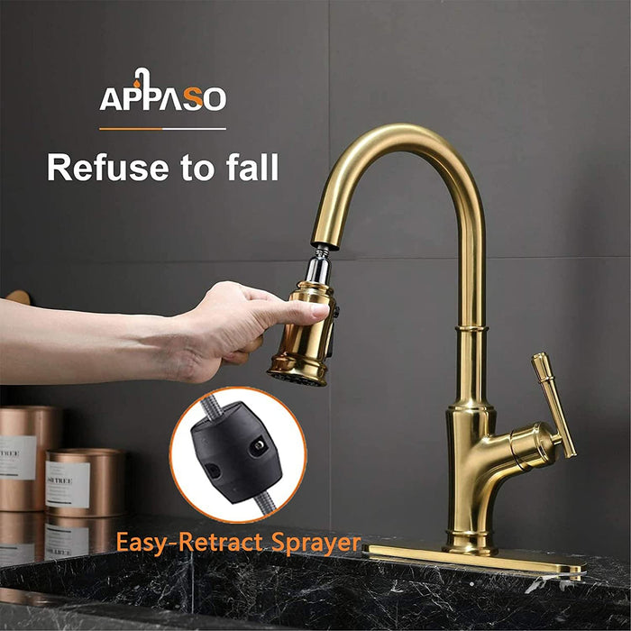APPASO Gold Kitchen Faucet with Pull Down Sprayer - Brushed Gold Single Handle 1 Hole High Arc Copper Pull Out Kitchen Sink Faucets, Champagne Copper