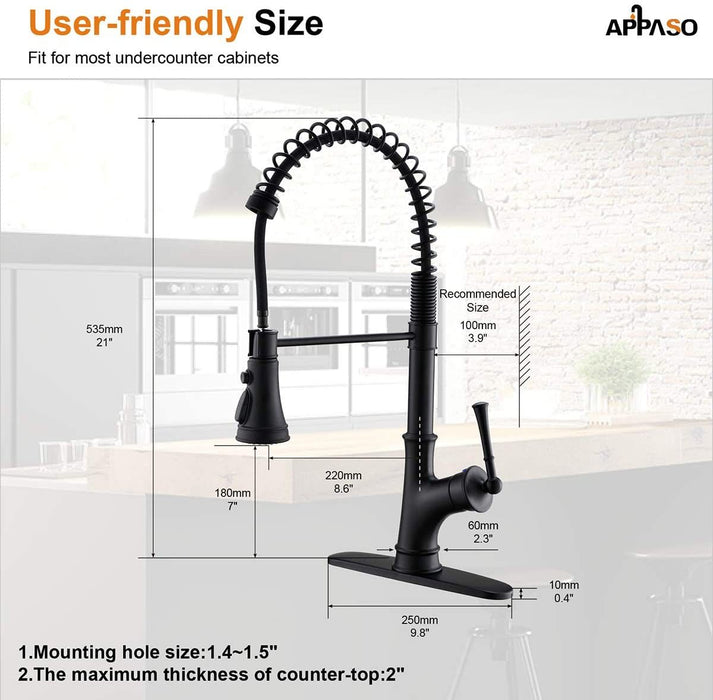 APPASO Commercial Matte Black Single Handle Pull Down Kitchen Faucet with 3 Modes Sprayer, Antique Spring Modern Tall High Arc Single Pull Out Hole Kitchen Sink Faucets