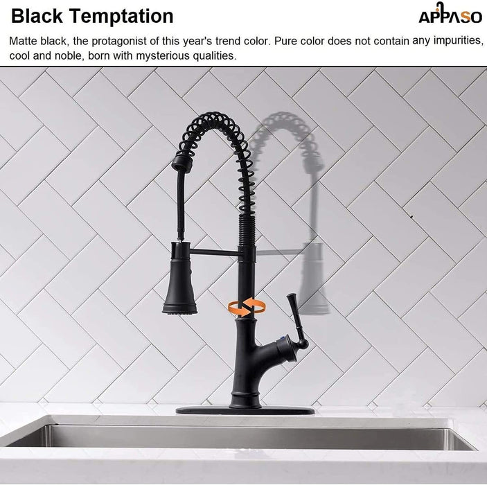 APPASO Commercial Matte Black Single Handle Pull Down Kitchen Faucet with 3 Modes Sprayer, Antique Spring Modern Tall High Arc Single Pull Out Hole Kitchen Sink Faucets
