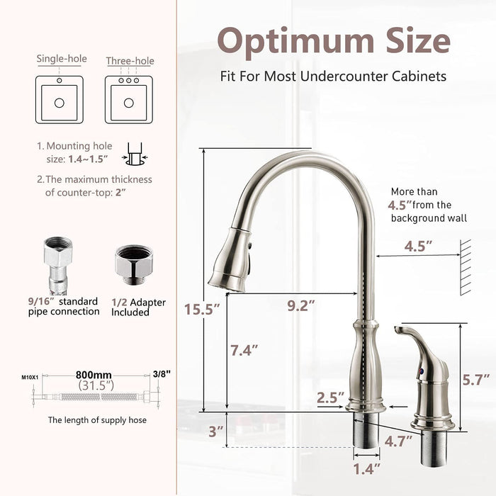 APPASO 3 Hole Kitchen Faucet with Pull Down Sprayer Stainless Steel Brushed Nickel, 2 Hole Pull Out Kitchen Sink Faucet with Side Single Handle and Soap Dispenser, 211BN