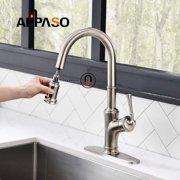 Pull Down Kitchen Faucet with Magnetic Docking Sprayer and Brush, Single Handle High Arc Single Hole Pull Out Kitchen Sink Faucets with Sprayer, Stainless Steel Brushed Nickel, APPASO