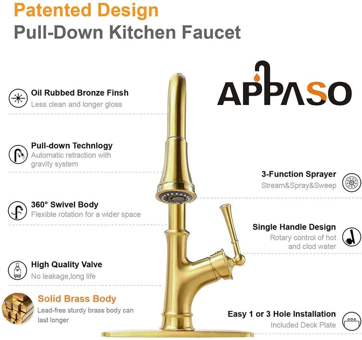 APPASO Gold Kitchen Faucet with Pull Down Sprayer, Antique Brushed Gold Single Handle 1 Hole High Arc Copper Brass Pull Out Kitchen Sink Faucets, Champagne Gold