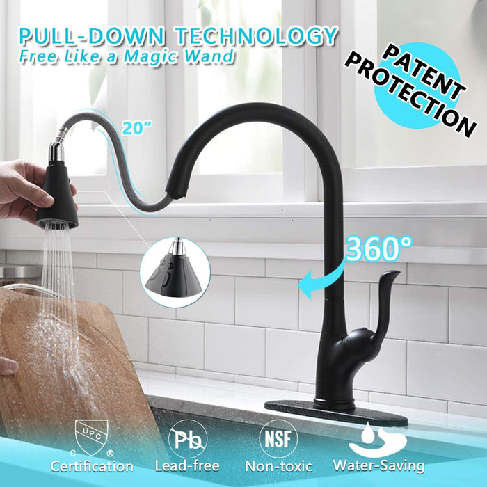Matte Black Kitchen Faucet Pull Down Sprayer and Soap Dispenser - Single Handle Commercial High Arc One Hole Pull Out Spray Head Kitchen Sink Faucets with Deck Plate;  APPASO