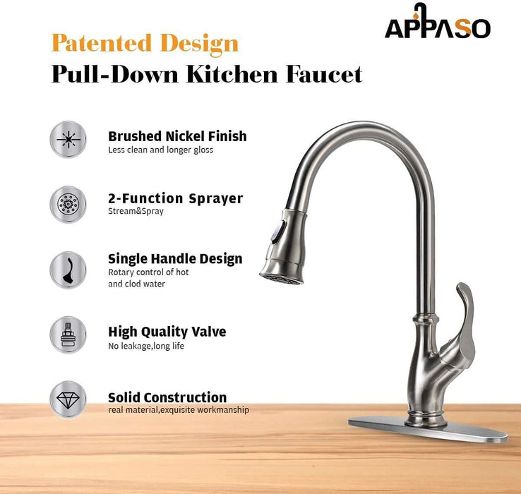 APPASO Kitchen Faucet with Pull Down Sprayer - Single Handle One Hole High Arc Pull Out Kitchen Sink Faucets with Deck Plate, Stainless Steel Brushed Nickel